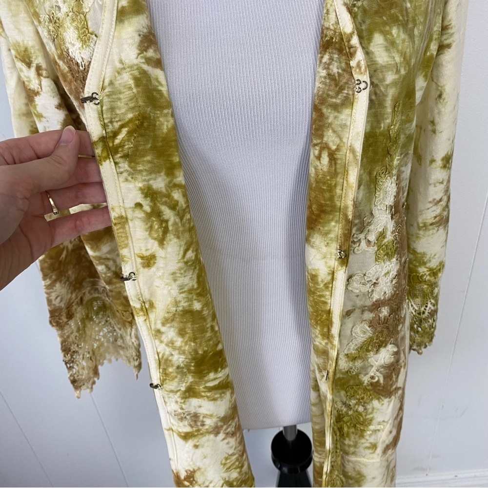 LOGO Lori Goldstein Lavish Cream Brown Tie-Dye Crochet Lace Duster Pockets Sz M - Picture 10 of 16